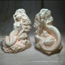 Hand carved and polished natural marble stone mermaid figurines sculptures